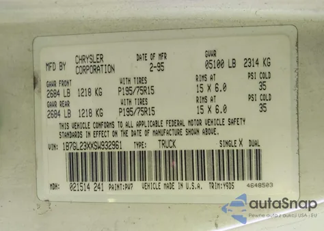 1995 Dodge Dakota z USA, uszkodzony, nr VIN 1B7GL23XXSW932961